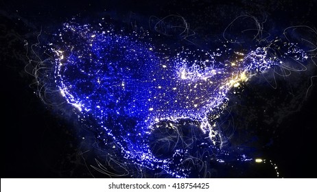 North American Night Map - Grunge Painting Illustration (Reference Elements Of This Image Furnished By NASA)