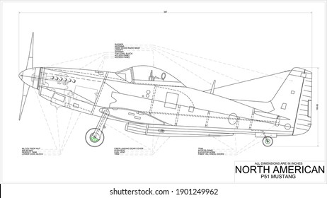 North American P51 Mustang Aircraft Drawing Side View