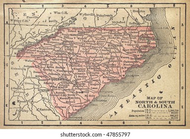 North Carolina and South Carolina, circa 1880. See the entire map collection: http://www.shutterstock.com/sets/22217-maps.html?rid=70583