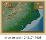 North Carolina, state of United States of America. Colored elevation map with lakes and rivers. Locations of major cities of the region. Corner auxiliary location maps