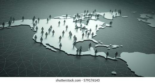 North And Central America. 3D Illustration Of People On The Map, Representing The Country's Demography.