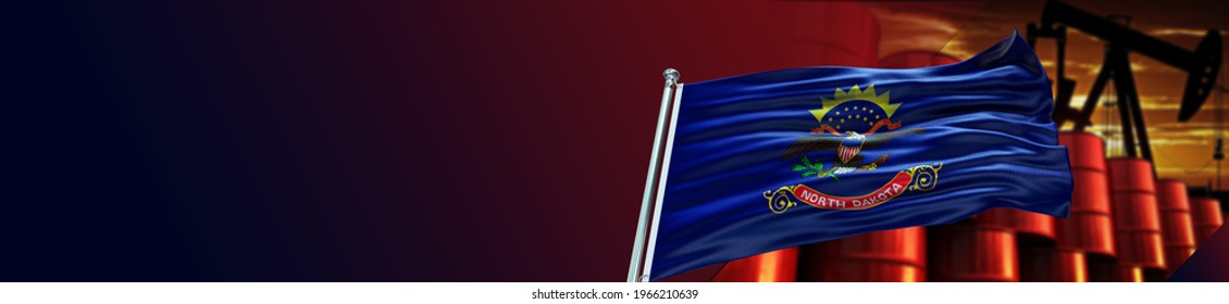 North Dakota Flag with Oil Petrol and large Gradient Single Flag- 3D illustration - 3D render