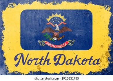 North Dakota flag vintage road tin sign rusty board. Retro grunge flag of North Dakota decor background.