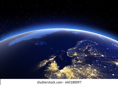 North Europe. 3D Rendering. Stars my own photo. Elements of this image furnished by NASA - Shutterstock ID 645180097