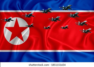 North Korea Flag, Background With Space For Your Logo - Military 3D Illustration. Air Parade, Military Air Show, Air Parade Of Military Aviation. 3D Rendering