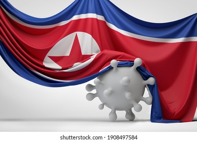 North Korea Flag Draped Over A Covid Virus Disease Molecule. 3D Rendering