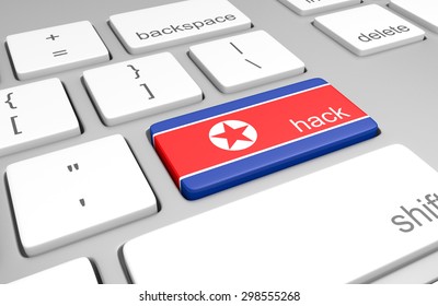 North Korea Hacking Concept Of A Computer Keyboard And A Key Painted With The North Korean Flag