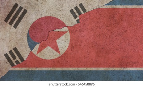 North Korea And South Korea Flags On Cracked Concrete