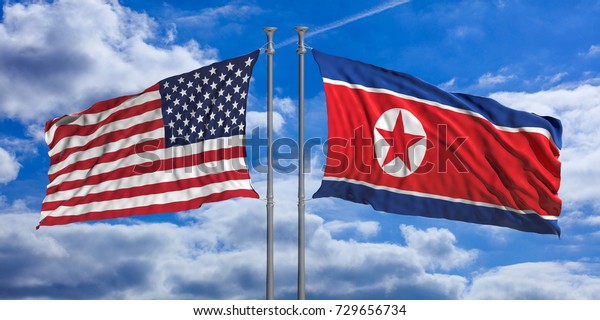 North Korea and USA. North Korea and United\
States of America flags waving opposed on blue sky background. 3d\
illustration