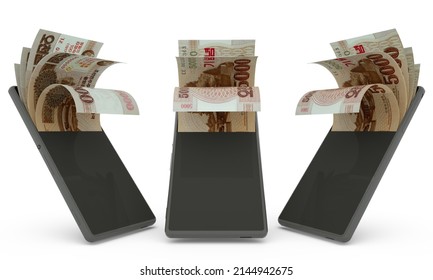 North Korean won notes inside a mobile phone. money coming out of cell phone. 3d rendering of set of mobile money transaction concept. money from Phone