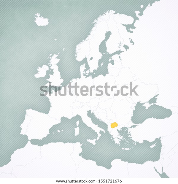 柔らかい縞模様のビンテージ背景に北マケドニアをヨーロッパの地図に描く のイラスト素材
