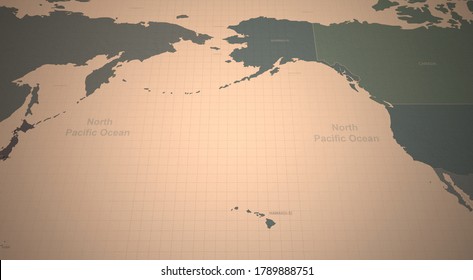 North Pacific Ocean Countries Map. 3d Rendering Of Vintage Continental World Map