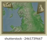 North West, region of United Kingdom. Elevation map colored in wiki style with lakes and rivers. Corner auxiliary location maps