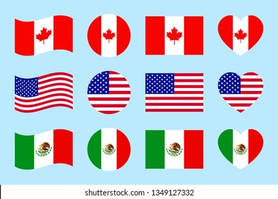 Northern America Countries Flags. Illustration. Canada, USA, Mexico Official Flags. Geometric Shapes. Flat Style. The North American States. Us, Canadian, Mexican Traditional Symbols Icons