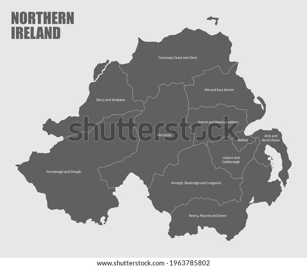The Northern Ireland isolated map divided in\
districts with\
labels