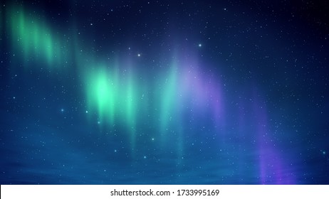 Luces del Norte en el cielo ártico con estrellas. Aurora borealis en el clima nevado, cielos de colores en el horizonte. Noche sin nubes. Ilustración de 4K. procesado 3D