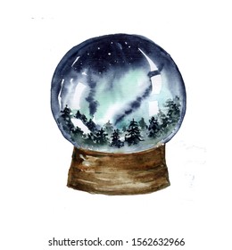 Northern Lights Over The Night Winter Forest In A Snowglobe, Watercolor Illustration