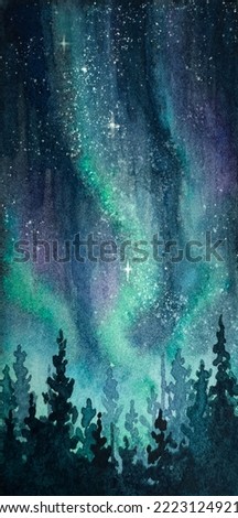 Northern lights and starry sky background, watercolor stars and blue green aurora borealis painted above pine tree forest, dark winter night landscape painting or art print