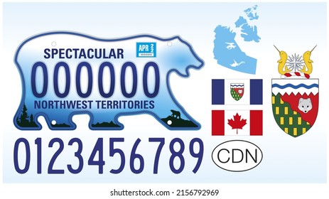 Northwest territories car license plate, Canada letters, numbers and symbols, illustration