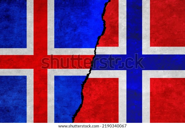 Norway and Iceland\
flags on a wall with a crack. Iceland and Norway flags together.\
Norway Iceland alliance, politics, economy, trade, relationship and\
conflicts concept