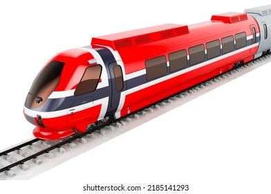 Norwegian Flag Painted On The High Speed Train. Rail Travel In The Norway, Concept. 3D Rendering Isolated On White Background