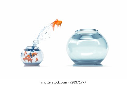 I'm Not Like Others - Be Different Concept - Goldfish Jumping In A Bigger Fish Bowl. 3d Render Illustration