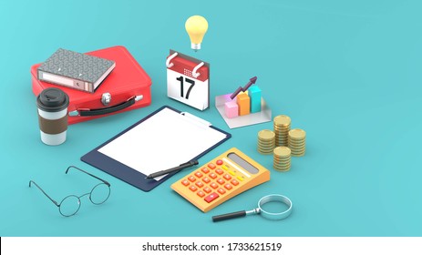 A note board surrounded by a calculator, a coffee mug, silver, chart and a briefcase on a blue background.-3d rendering.