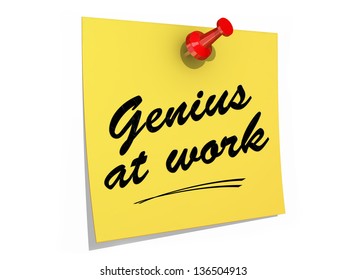 A note pinned to a white background with the text Genius at Work.