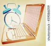 Notebook and clock on a white background. 3D illustration. Vintage style.