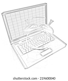Notebook and clock on a white background. Pencil drawing 