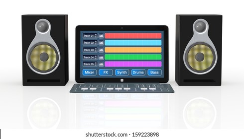 notebook with digital audio software, a dedicated keyboard and studio monitors (3d render)