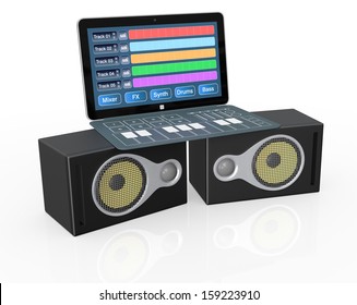 notebook with digital audio software, a dedicated keyboard and studio monitors (3d render)