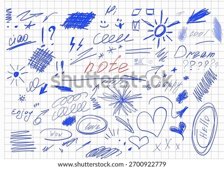 Notebook Doodles: Blue Pen Scribbles, Arrows and Words