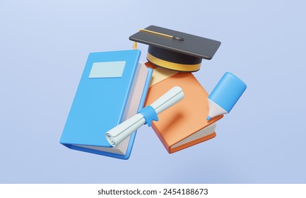 Notebook graduation cap diploma graduation certificate floating on pastel background. Quality courses exam educational warranty knowledge document assurance guarantee. 3d rendering - Powered by Shutterstock