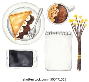 Notebook, mobile phone, cup of coffee, toast with banana and chocolate. Breakfast, watercolor mockup on white isolated background