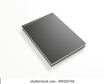 Notebook mock up with clean black blank for design and advertising. Notepad with chromed spring and free copy space template. On the gray background. 3d illustration perspective view