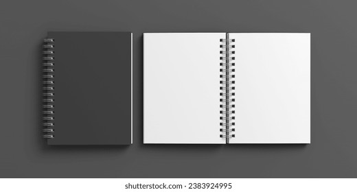 Notebook mockup. Closed and open blank notebook with black cover. Spiral notepad on gray background. 3d illustration