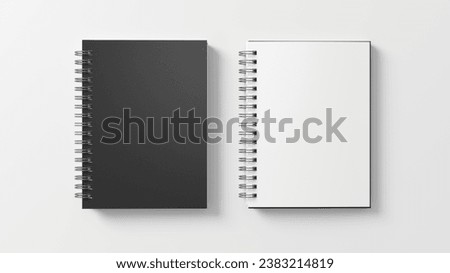 Notebook mockup. Closed and open blank notebook with black cover. Spiral notepad on white background. 3d illustration