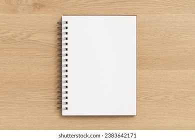 Notebook mockup. Opened blank notebook with craft paper cover. Spiral notepad on wooden background. 3d illustration