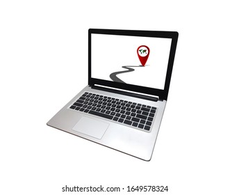 notebook screen on the background. A Road Drive Travelers use GPS technology to facilitate travel. Used to find tourist spots and resting places quickly and efficiently.  Work procedure travel.