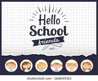 Notebook sheet and pupils, hello school lettering raster. Pencil and ruler, checkered field, boys and girls, autumn season and education time, classmates