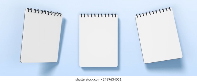Notebook sheets, block of blank pages with spiral 3d render icon set. Realistic mockup of empty wall calendar, white paper office planner or notepad isolated on blue background. 3D Illustration