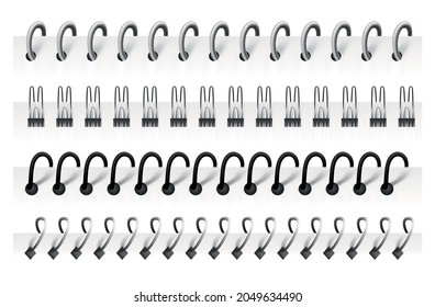 Notebook spirals, wire steel ring bindings and springs for calendar, diary, notepad, document cover or booklet sheets. Metal stitch isolated on white background. Can use as page divider
