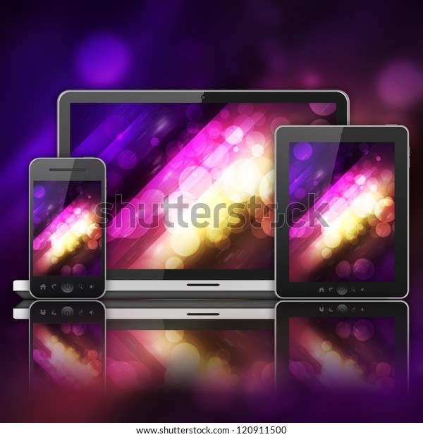 Notebook, tablet pc and mobiel phone over\
abstract\
background