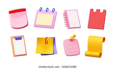 Notebooks set, pink post-it notes or sticky note to message, diaries or reminders. style cute cartoon kid pastel plastic smooth glossy colorful white background. Object clipping path. 3D Illustration.