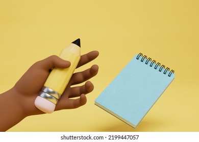 Notepad Entries. Home Schooling. An African American Holds A Pencil In His Hand, A Notepad Lies Nearby. 3d Render.