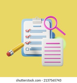 Notepad And Pen With Tick Box On Yellow Background. Magnifying Glass, Gears And Sheet With Todo List. Concept Of Time Management And Schedule. 3D Rendering