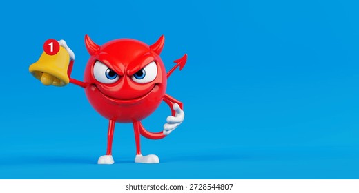 Notification And Alert Concept. Red Devil Cartoon Character Holding Yellow Bell With One New Notification On Blue Background. 3d Rendering