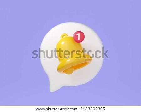 Notification bell on speech bubble 3d render. Cute cartoon illustration of simple yellow bell icon for reminder or notice concept. Attracting attention or new information and message.