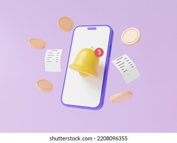 Notification bell via mobile phone app bill online payments credit card concept. money transfer. financial transactions. coin floating on purple background minimal cartoon, refund, cashback. 3d render